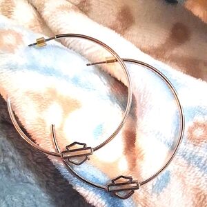 Elegant Silver Hoop Earrings With Harley Davidson Logo